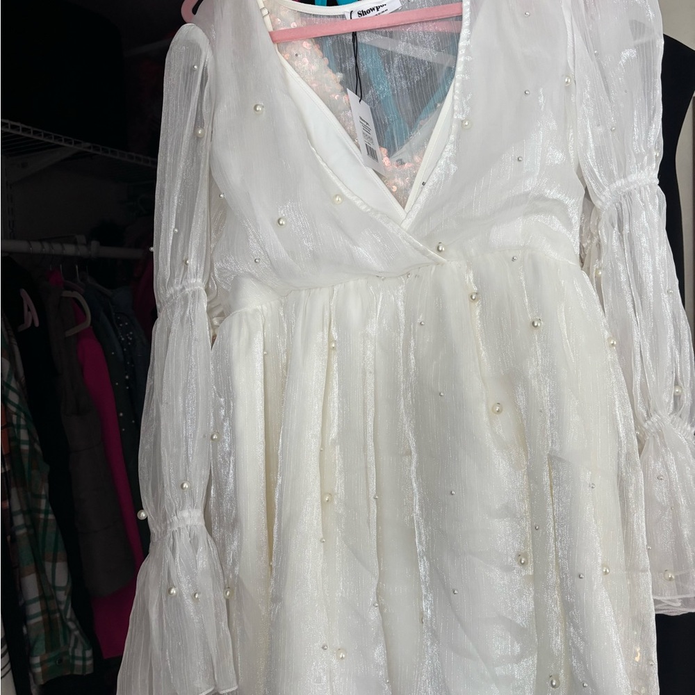 Showpo White Sheer Pearl-Embellished Dress - Picture 5 of 6
